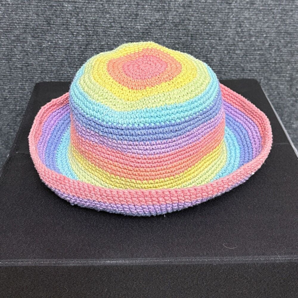 Crochet Bucket Hat Rainbow Pastel Stripe Handknit Boho Y2K Twee OS